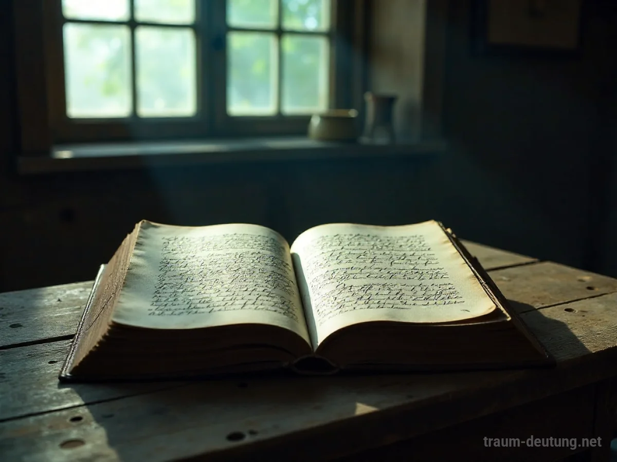 Traumdeutung Version: Ein aufgeschlagenes, altes Buch liegt auf einem Holztisch im Mondlicht, umgeben von einer Atmosphäre stiller Reflexion.