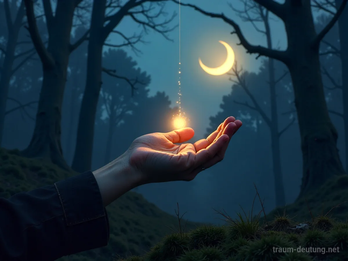 Traumsymbol Verzicht: Eine einzelne, wettergegerbte Hand lässt einen leuchtenden, ätherischen Orb in einen weiten Dämmerungshimmel los, der von einer Mondsichel beleuchtet wird.