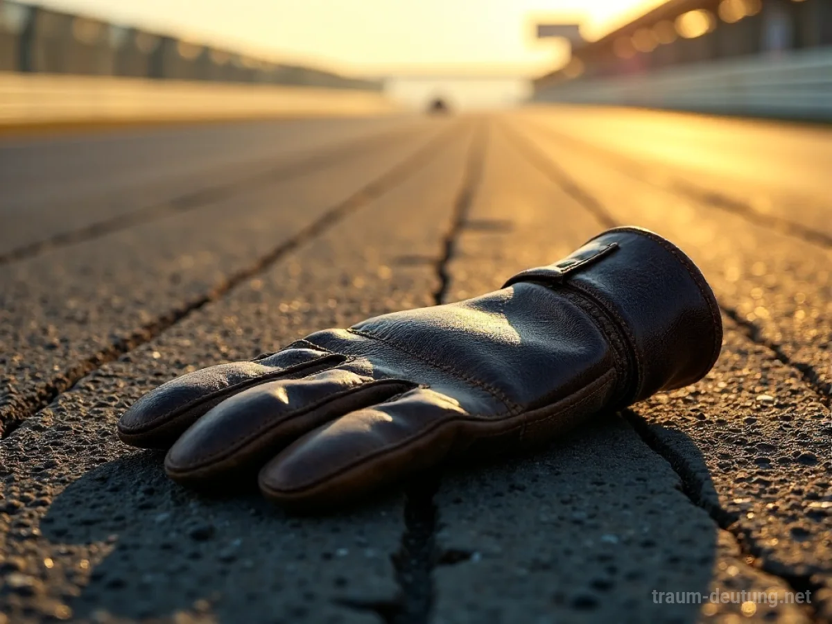 Traumsymbol Vettel: Ein abgenutzter Leder-Rennfahrerhandschuh liegt verlassen auf einer staubigen Rennstrecke im Gegenlicht der späten Nachmittagssonne.