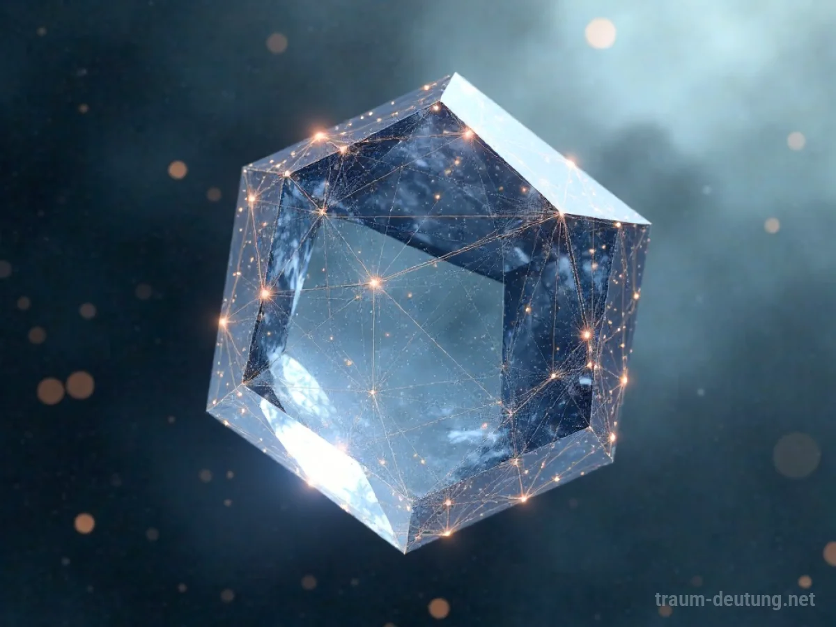 Traumsymbol Vieleck: Ein komplexes, facettiertes geometrisches Vieleck schwebt in einem sanft beleuchteten, ätherischen Raum mit leuchtenden Verbindungslinien.