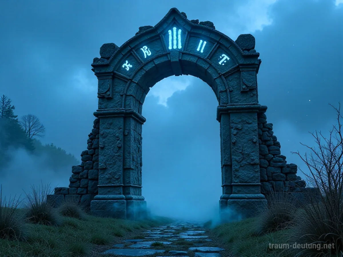 Traumsymbol Vier: Ein alter Steinbogen mit vier leuchtenden Runen im Dämmerlicht, umgeben von Nebel und Moos.
