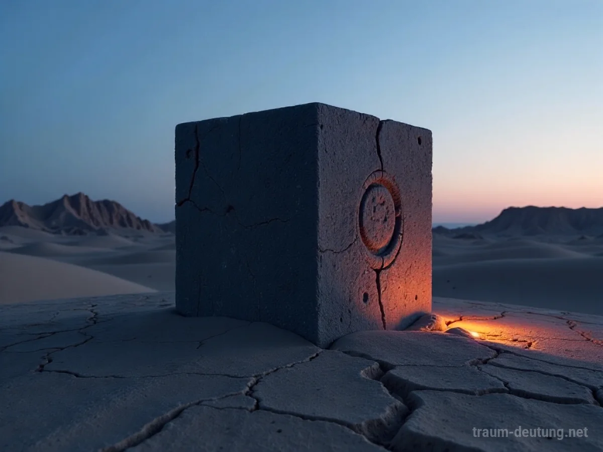 Traumsymbol Viereck: Ein dunkler, massiver Steinkubus ruht auf trockenem, rissigem Wüstenboden unter einem Zwielichthimmel, warmes Licht strahlt von innen.