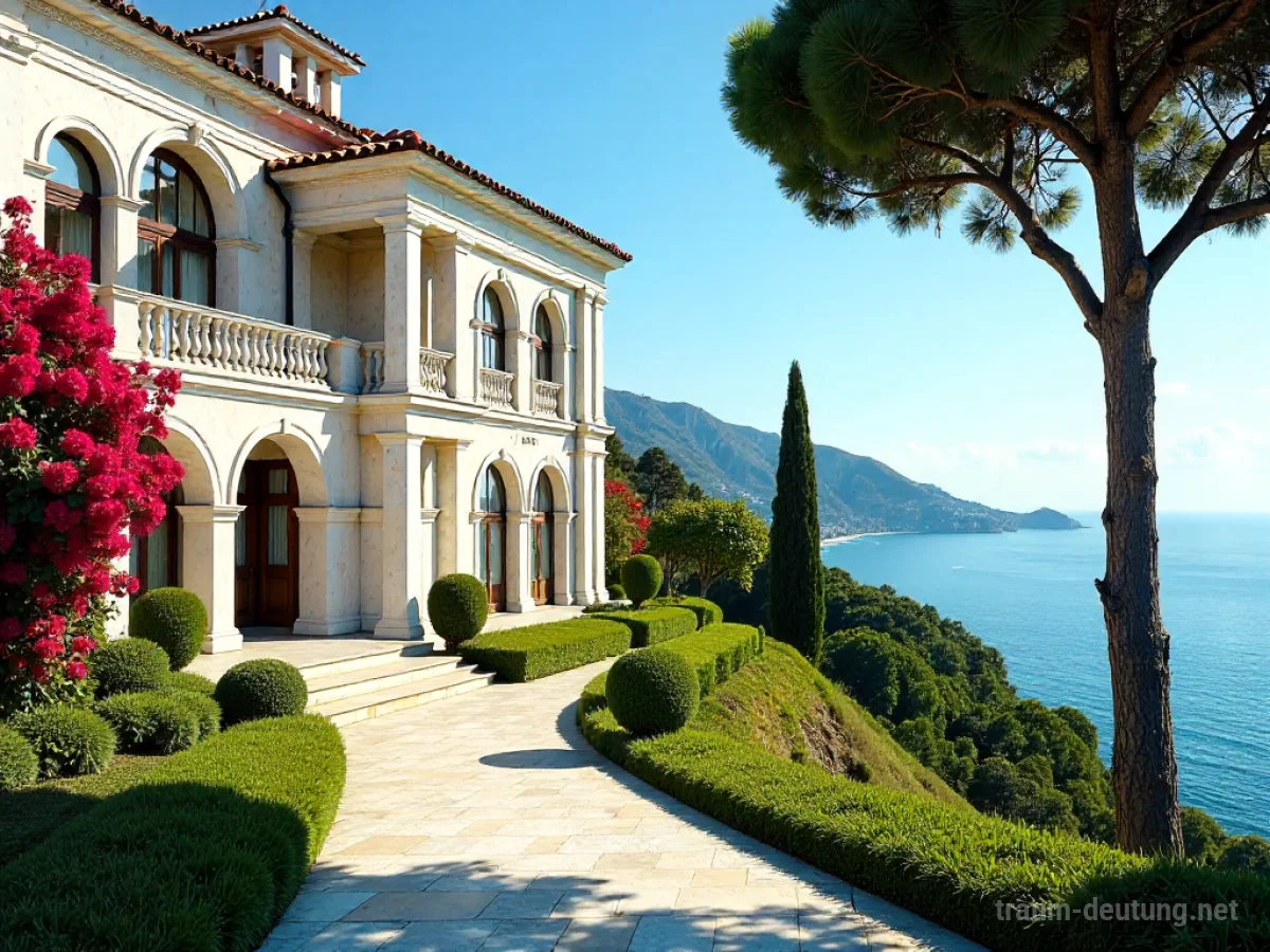 Traumsymbol Villa: Eine prächtige, opulente Villa steht auf einem üppig gepflegten Hügel mit Blick auf eine sonnenverwöhnte Küste, mit weißen Marmorsäulen und großen Fenstern.