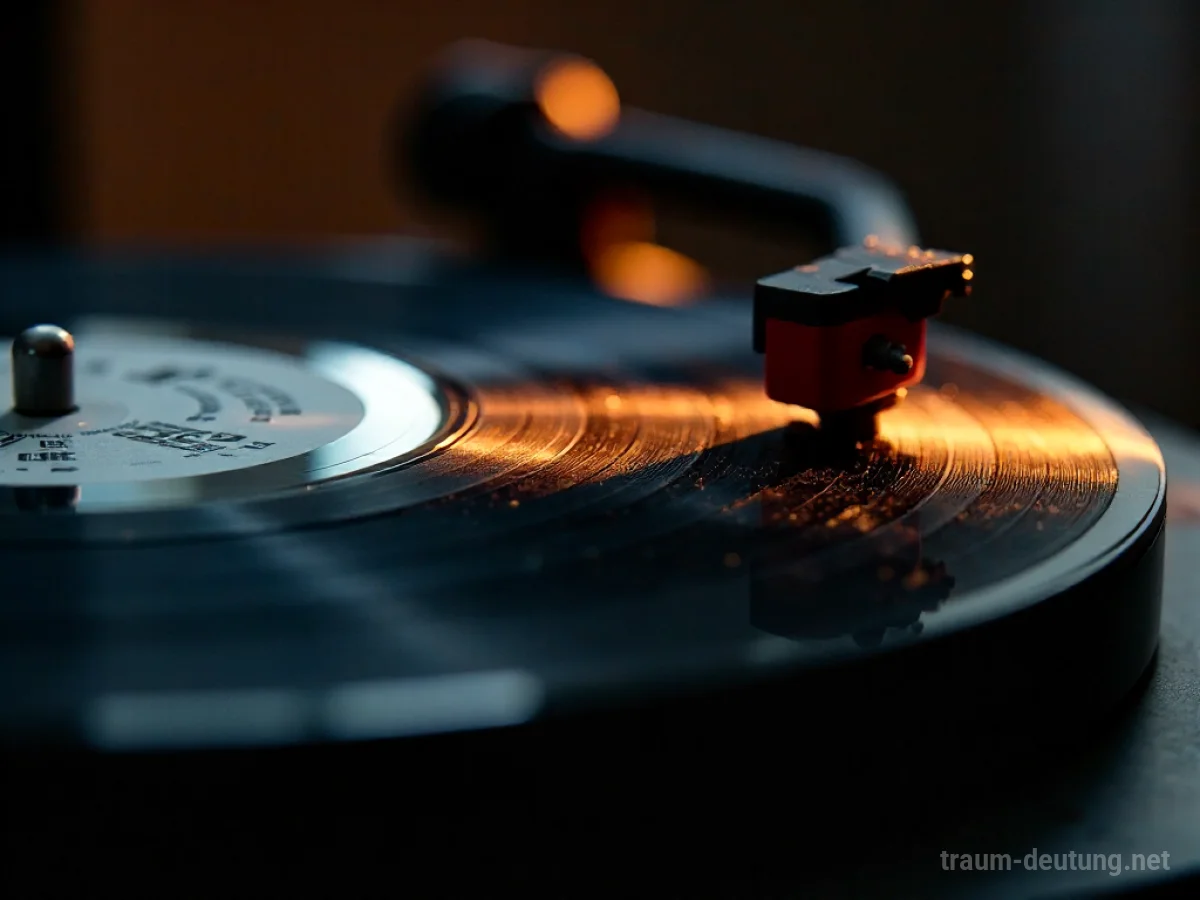 Traumdeutung Vinyl: Eine Makroaufnahme einer schwarzen Vinylplatte, die sich auf einem Plattenspieler dreht, mit sichtbaren Rillen und tanzenden Staubpartikeln im warmen Licht.