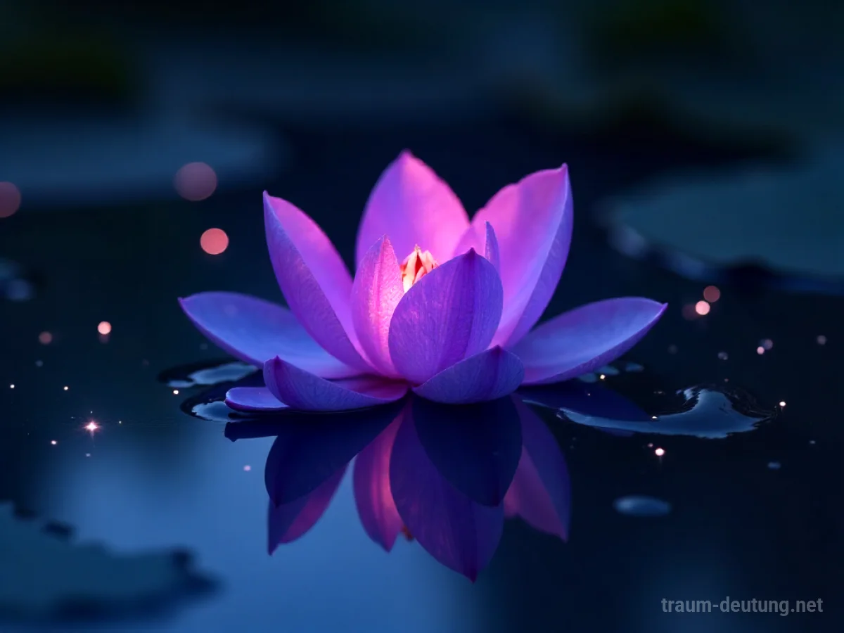 Traumsymbol Violett: Eine einzelne, ätherische violette Blume mit innerem Leuchten schwebt auf einem dunklen, stillen Wasser. Mondlicht wirft lange Schatten und schafft eine friedliche, mysteriöse Atmosphäre.
