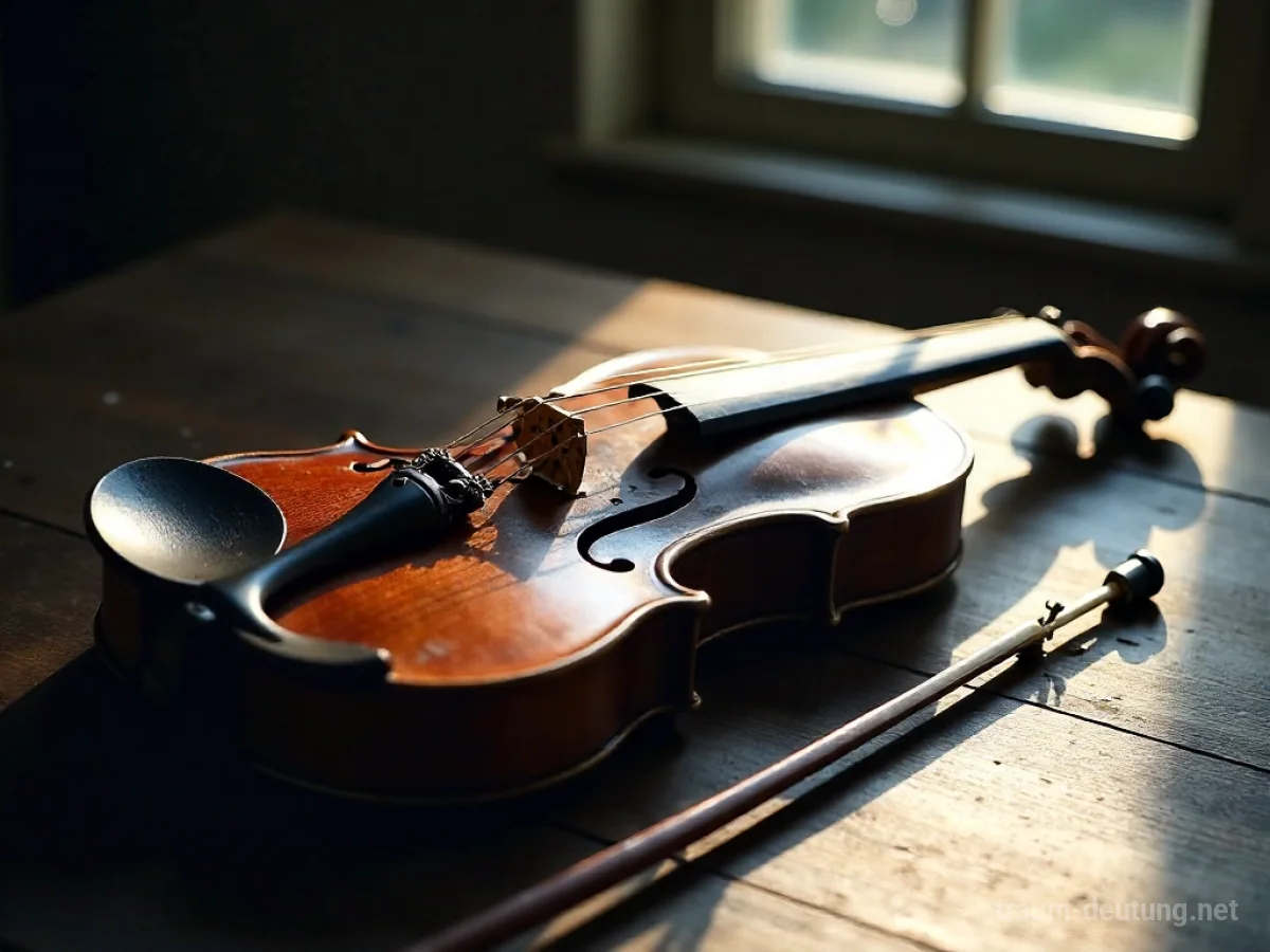Traumdeutung Violine: Eine alte Violine liegt auf einem dunklen Holztisch, beleuchtet von sanftem Mondlicht, mit einem Bogen daneben.