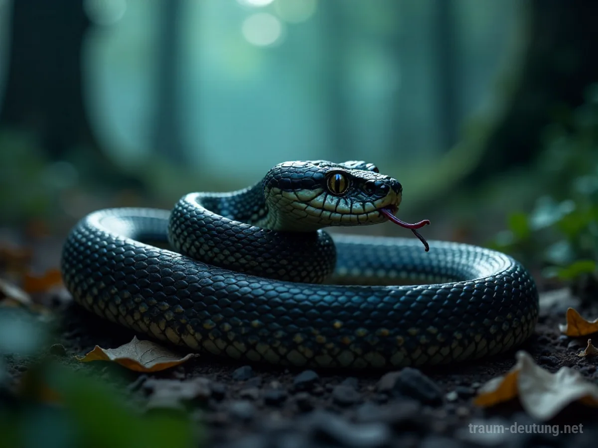 Traumsymbol Viper: Eine zusammengerollte Viper mit schillernden Schuppen ruht auf dunkler, feuchter Erde im Schein des Mondlichts im Wald.