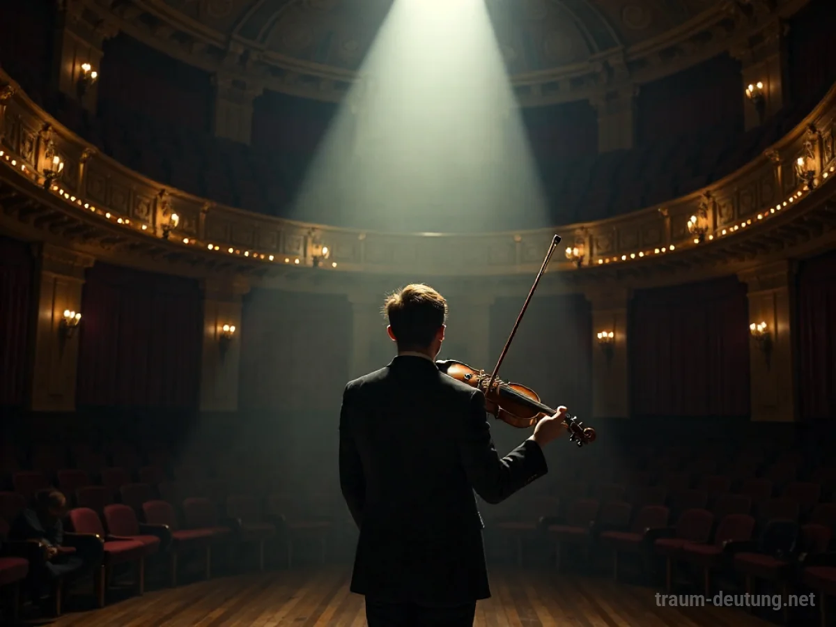 Traumsymbol Virtuose: Ein konzentrierter Geiger steht im Scheinwerferlicht einer dunklen Konzerthalle, sein Instrument glänzt.