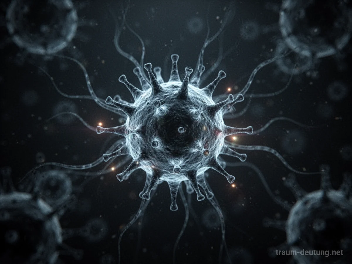 Traumdeutung Virus: Ein mikroskopisches, biolumineszentes Virus schwebt bedrohlich in einer dunklen Leere, mit subtilen pulsierenden Lichtquellen.