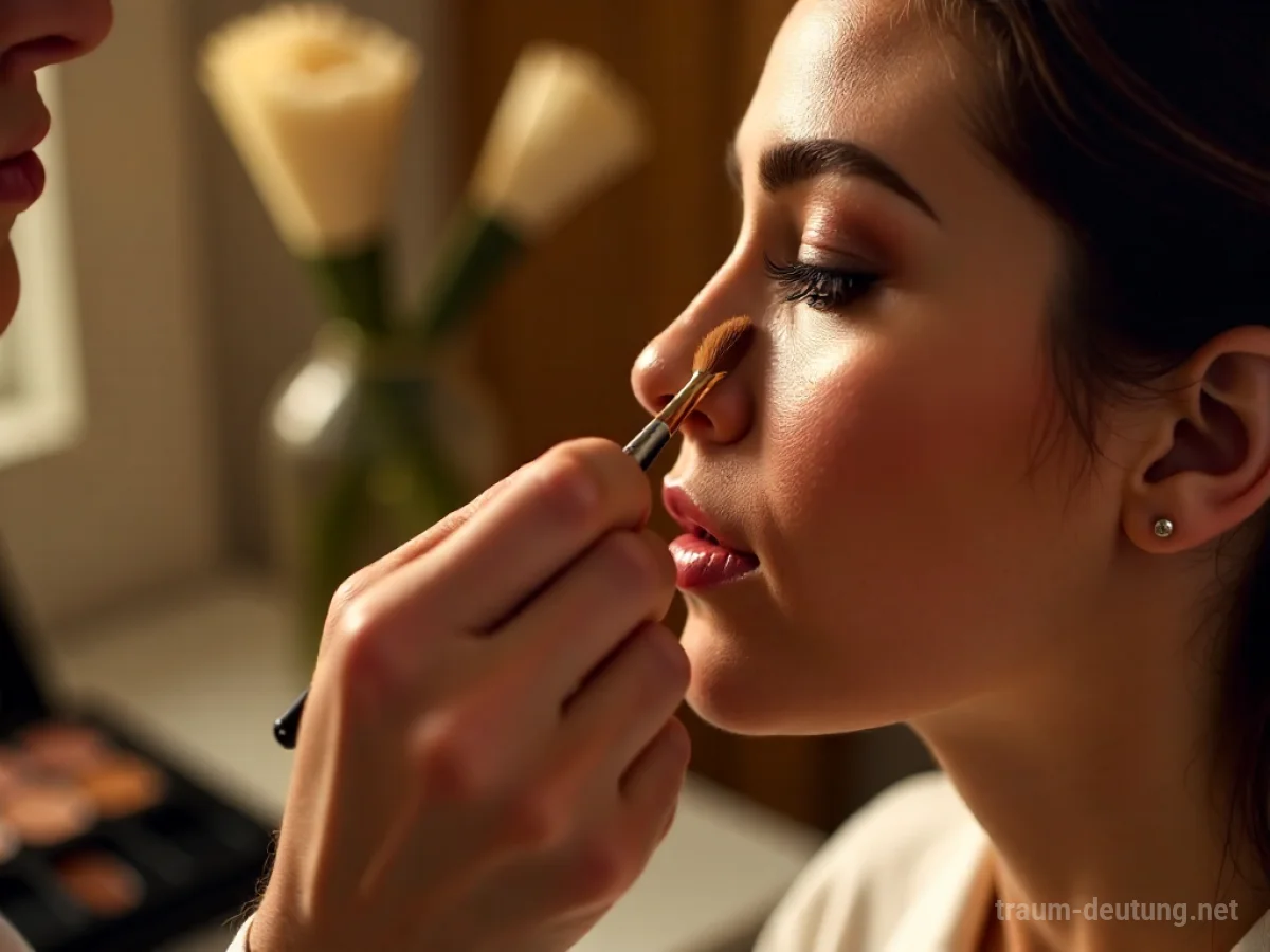 Traumdeutung Visagist: Hände eines Visagisten tragen präzise Make-up auf einer Wange auf, beleuchtet von warmem Licht, mit unscharfen Kosmetikartikeln im Hintergrund.