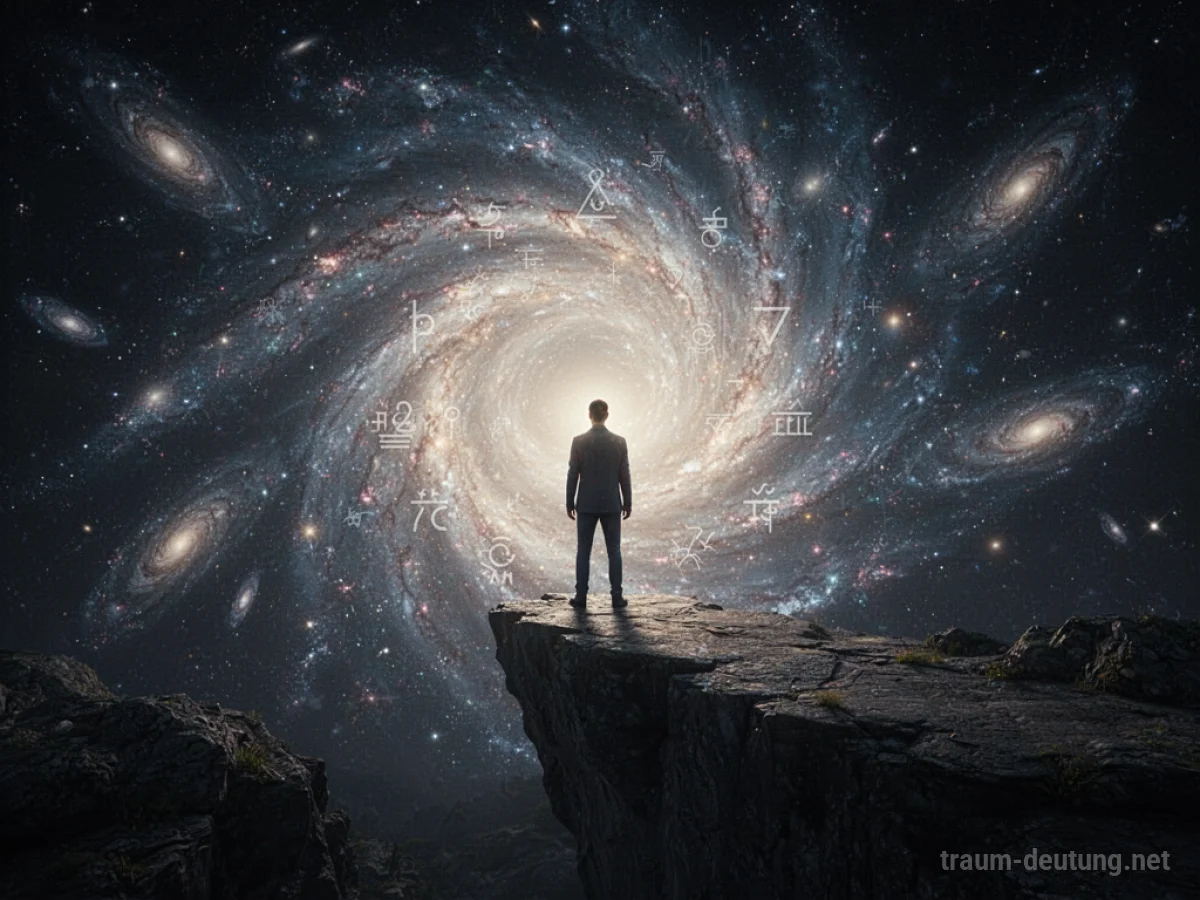 Traumsymbol Vision: Eine einsame, ätherische Gestalt steht auf einem Felsvorsprung und blickt in einen wirbelnden Strudel kosmischen Lichts und Nebel, umgeben von Sternen und fernen Galaxien.
