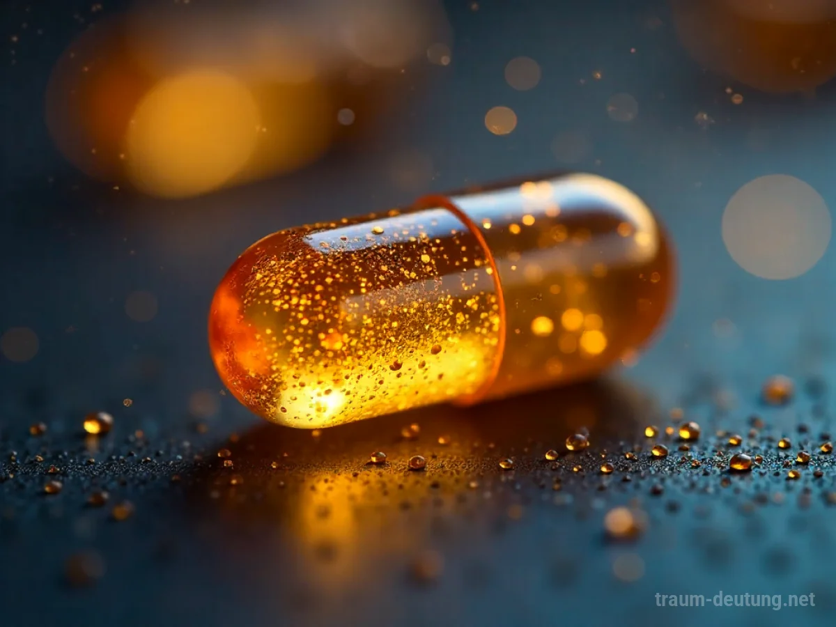 Traumsymbol Vitamine: Eine leuchtende, transluzente Vitaminpille auf dunklem Grund, umgeben von schimmernden Partikeln im sanften Licht.