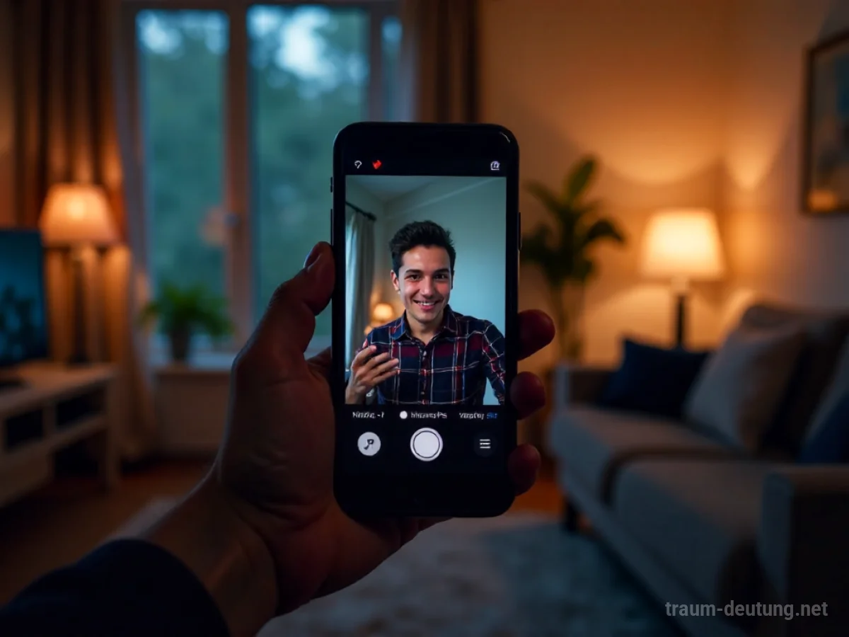 Traumsymbol Vlog: Ein Smartphone in menschlichen Händen zeigt eine bunte Vlog-Aufnahme, während im Hintergrund ein gemütliches, schwach beleuchtetes Wohnzimmer zu sehen ist.