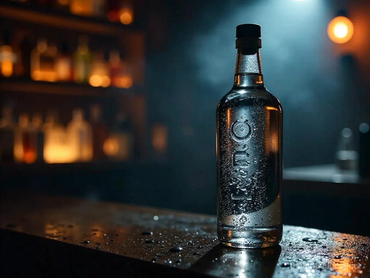 Traumdeutung Vodka: Eine klare Glasflasche Vodka steht auf einem dunklen Holztresen, umgeben von gedämpftem, atmosphärischem Licht einer Bar.