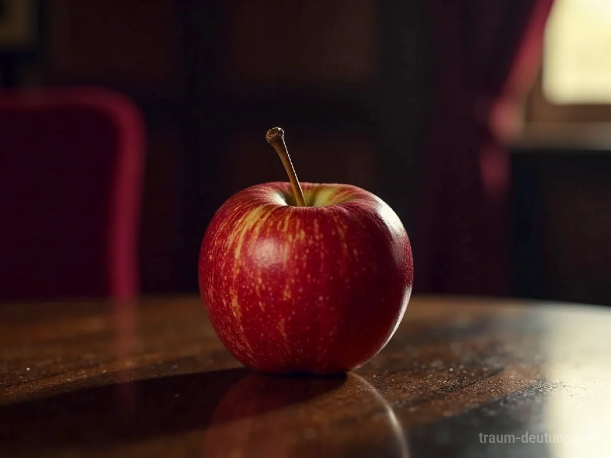 Traumsymbol Völlerei: Ein überreifer, leicht angeschlagener Apfel liegt auf einem dunklen Holztisch, beleuchtet von warmem, seitlichem Licht.