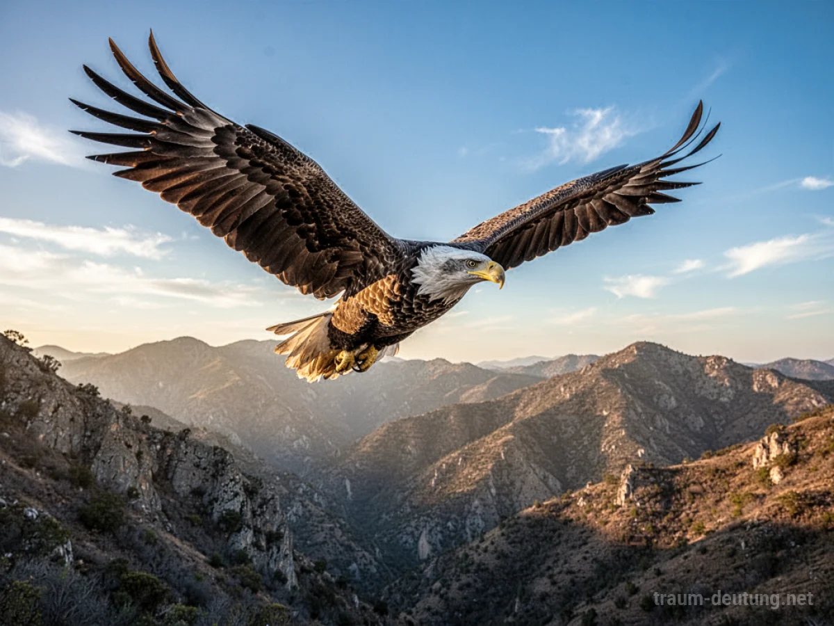Traumdeutung Vogel: Ein majestätischer Adler mit durchdringenden Augen kreist hoch über einer sonnenbeschienenen Bergkette, seine Flügel sind weit ausgebreitet im goldenen Licht.