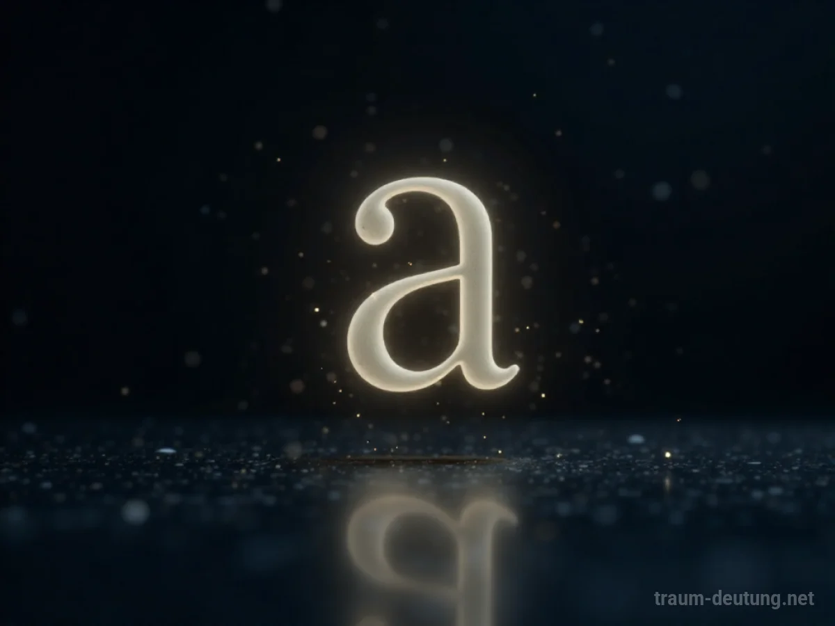 Traumsymbol Vokal: Ein einzelnes, ätherisch leuchtendes Vokalsymbol schwebt in einem dunklen, stillen Raum, beleuchtet von seinem eigenen sanften Schein.
