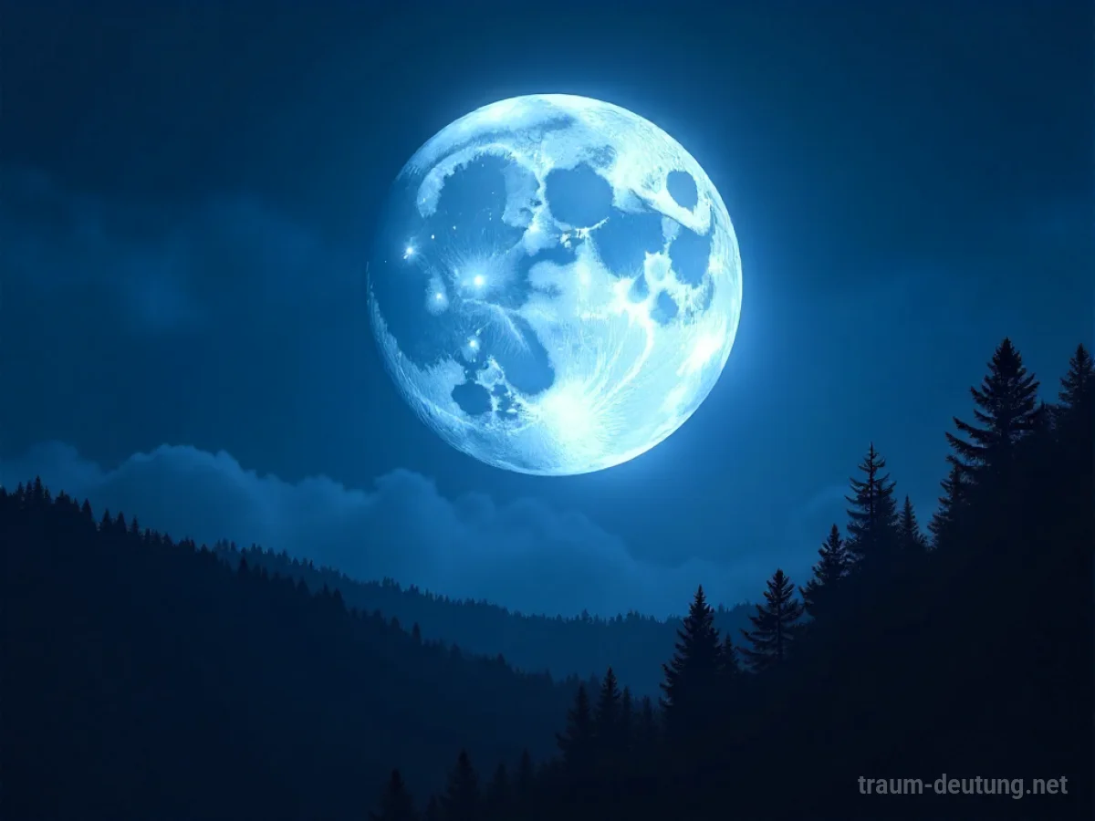 Traumsymbol Vollmond: Ein leuchtender Vollmond hängt in einem klaren, dunkelblauen Nachthimmel über einem dunklen, ruhigen Wald im kühlen Mondlicht.
