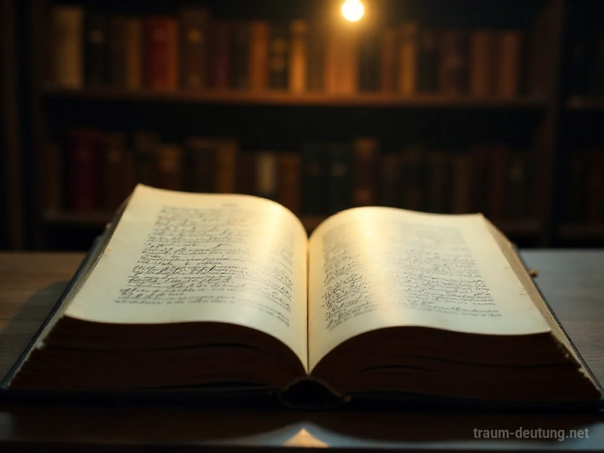 Traumdeutung Vorlesen: Ein geöffnetes, antikes Buch, dessen Seiten von einem warmen Lichtstrahl beleuchtet werden, in einer gedämpft beleuchteten Studierstube.
