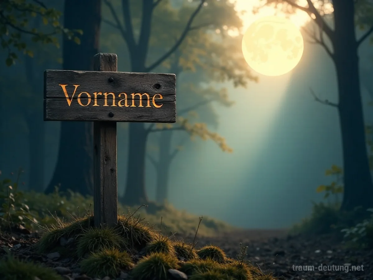 Traumsymbol Vorname: Ein alter Holzwegweiser mit der Aufschrift 'Vorname' steht in einem nebligen Wald bei Mondlicht.