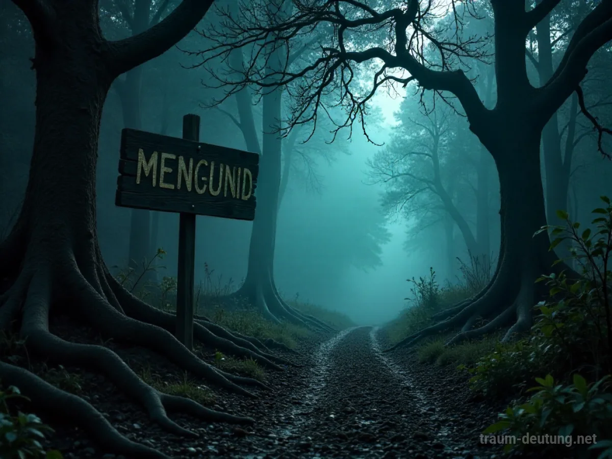 Traumsymbol Vorsicht: Ein nebelverhangener Waldweg mit knorrigen Wurzeln und einem alten Warnschild im spärlichen Mondlicht.