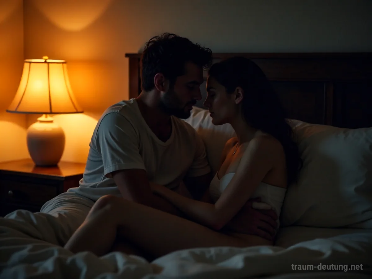 Traumdeutung Vorspiel: Ein Paar in einem stimmungsvoll beleuchteten Schlafzimmer, die Vorfreude und zarte Erwartung der Intimität wird durch subtile Gesten und Blicke ausgedrückt.