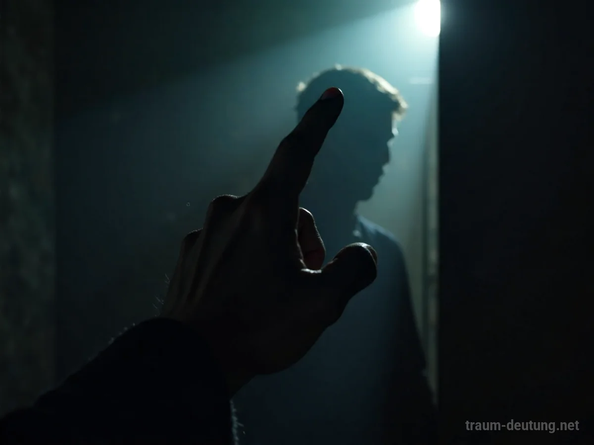 Traumsymbol Vorwurf: Ein schattenhafter, anklagender Finger zeigt aus einem dunklen Raum auf den Betrachter, beleuchtet von einem einzelnen Lichtstrahl.