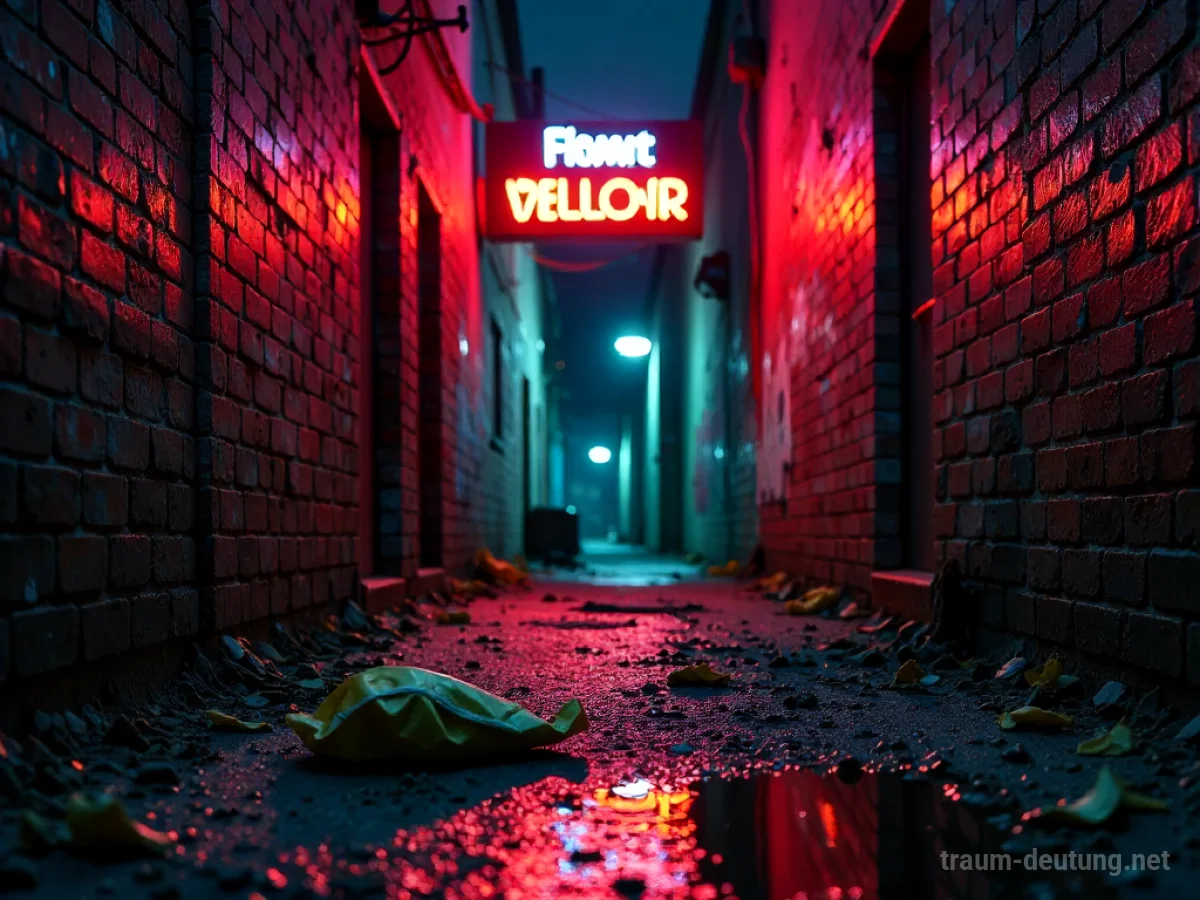 Traumsymbol Vulgär: Eine düstere, urbane Gasse bei Nacht mit zerbröckelnden Ziegelwänden, die mit Graffiti bedeckt sind, und einem flackernden Neonschild, das einen unheilvollen Schein wirft.