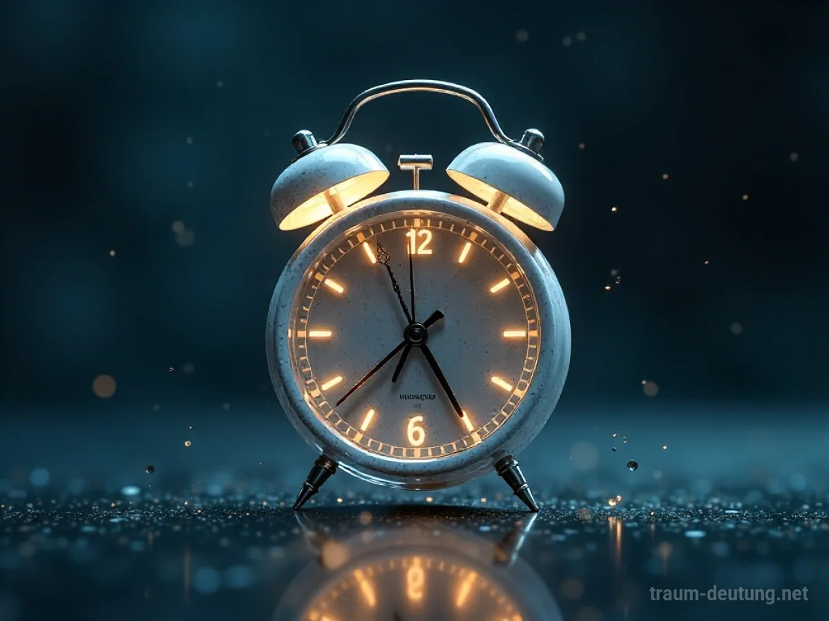 Traumsymbol Wach: Eine leuchtende Weckeruhr schwebt in einer dunklen, ätherischen Leere, die Erkenntnis symbolisierend.