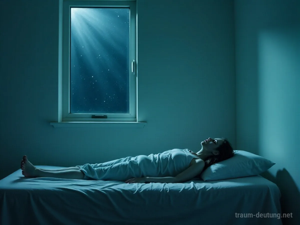 Traumsymbol Wachkoma: Eine blasse Figur liegt reglos auf einem Bett in einem spärlich beleuchteten Raum, umgeben von Stille und Dunkelheit.