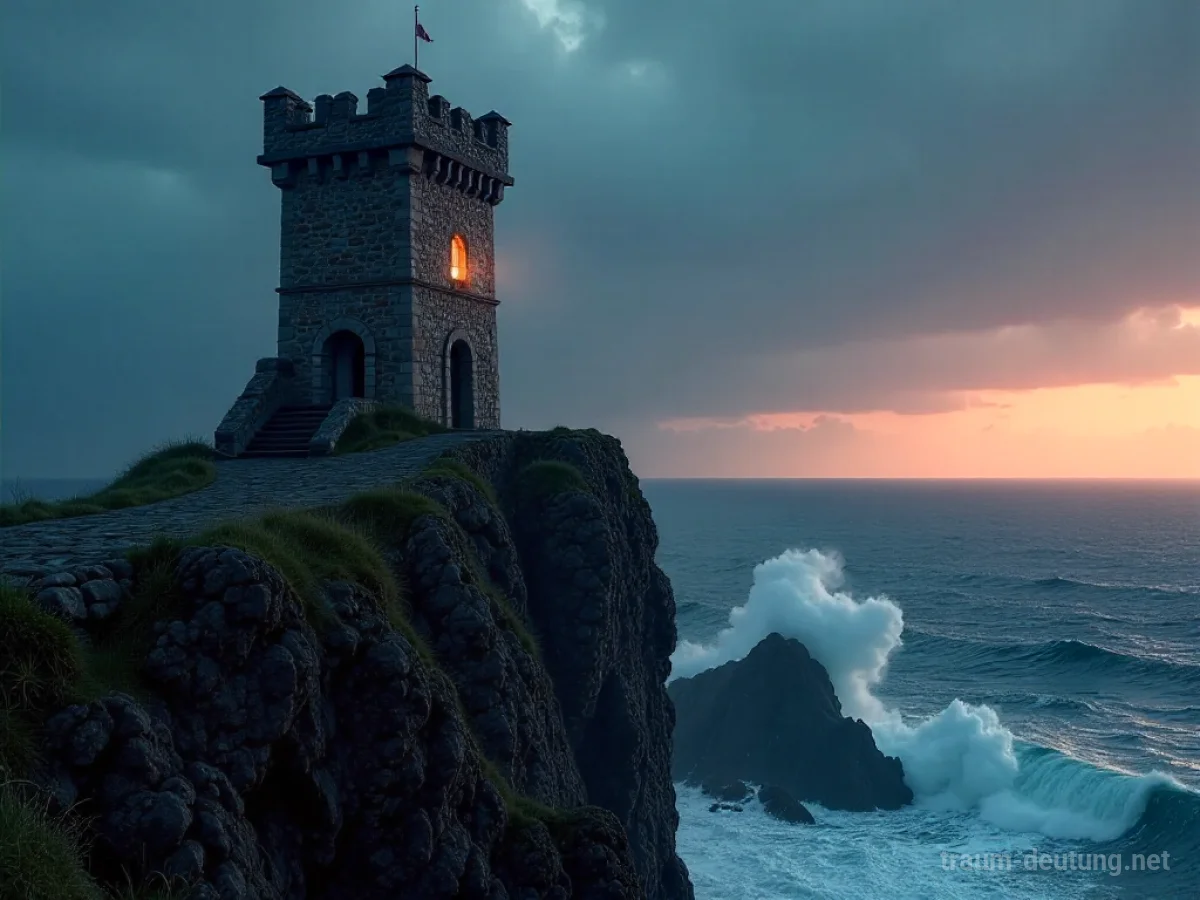 Traumdeutung Wachturm: Ein einsamer, alter Steinturm ragt auf einer felsigen Klippe über einem stürmischen Meer auf, beleuchtet von dramatischem Abendlicht.