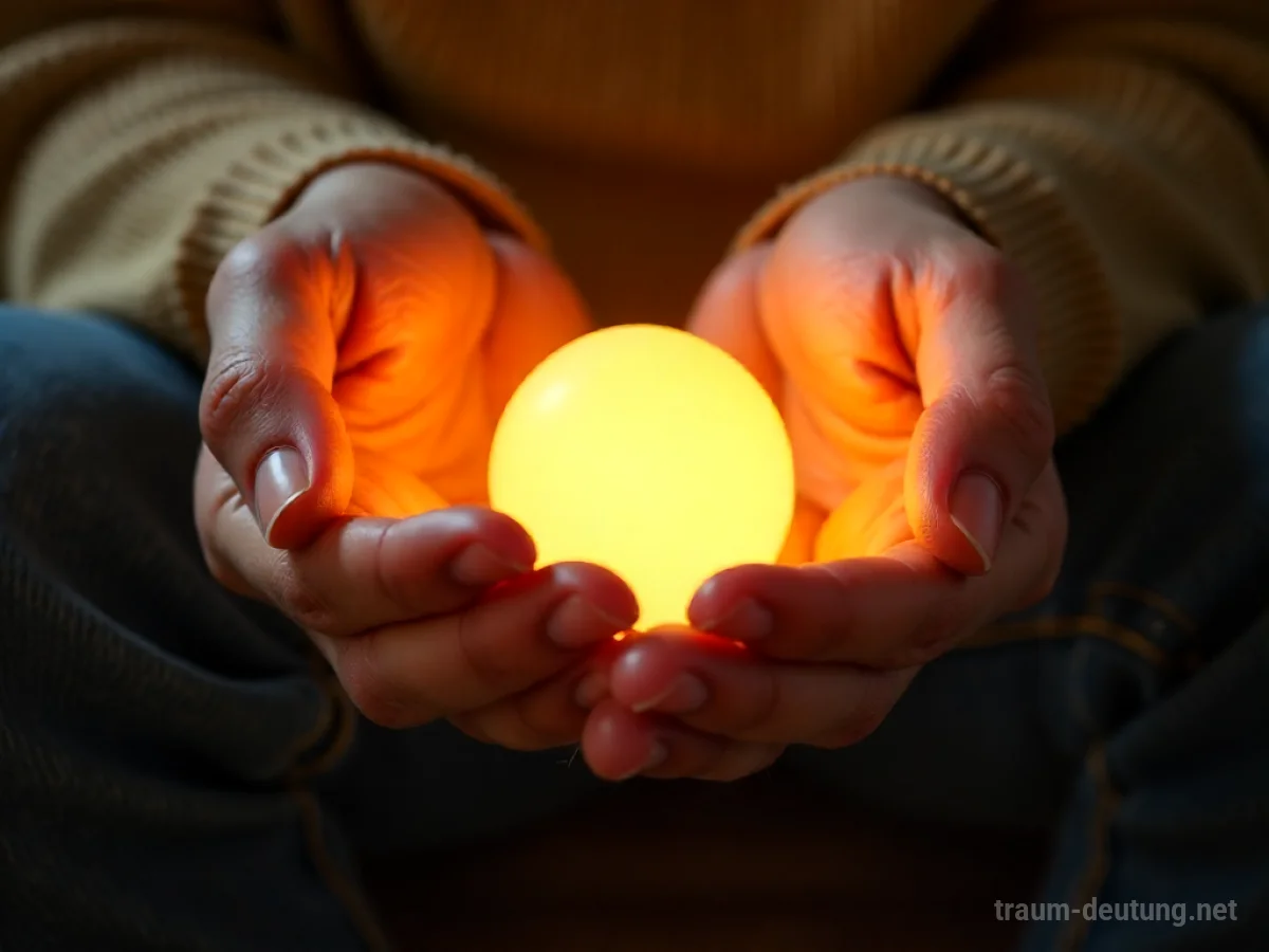 Traumdeutung Wärme: Hände umschließen sanft eine glühende goldene Lichtkugel, die Wärme und Geborgenheit ausstrahlt, vor einem unscharfen Hintergrund.