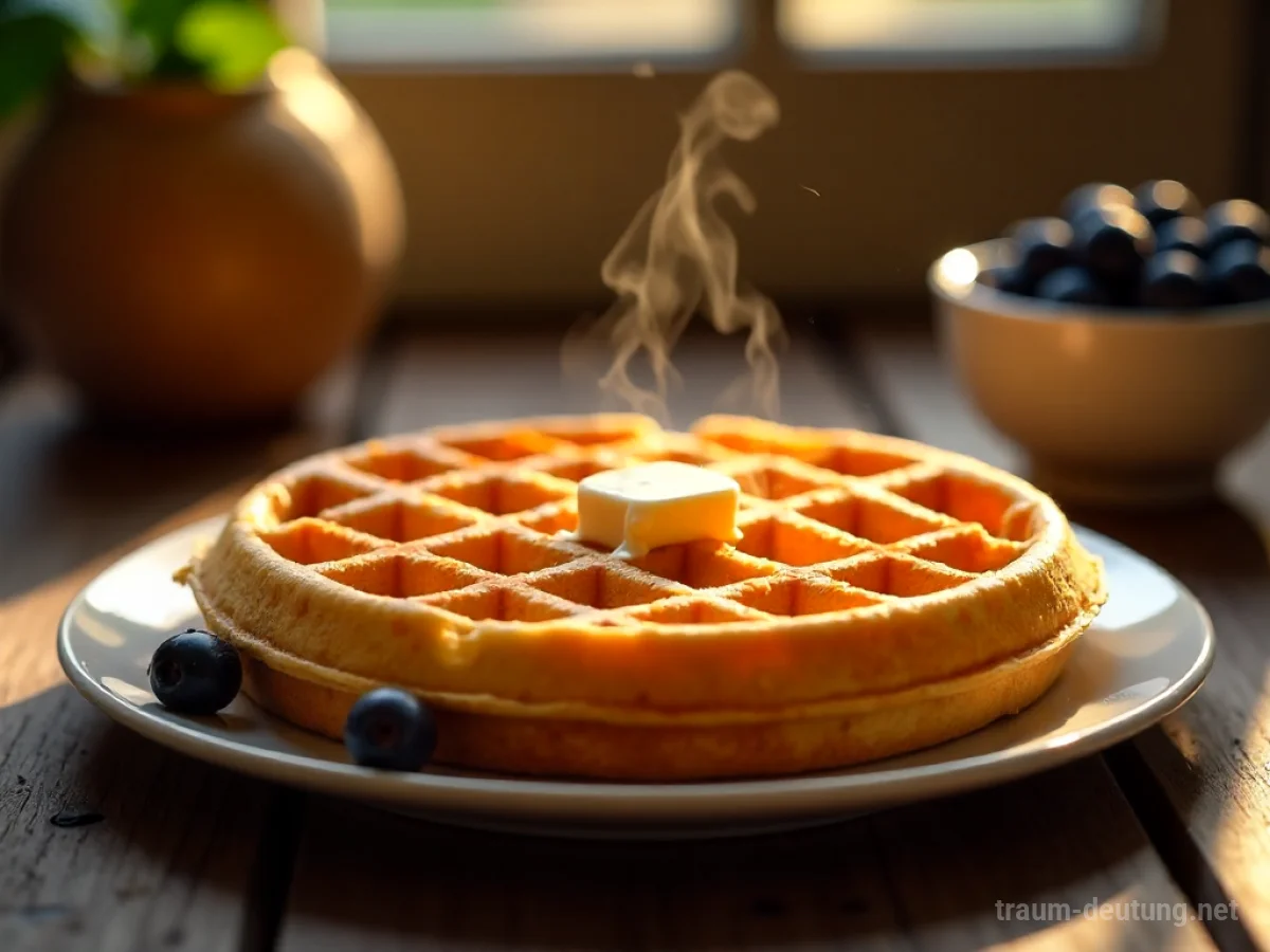 Traumsymbol Waffel: Eine goldbraune Waffel mit knusprigen Rändern liegt auf einem Holztisch, bestreut mit Beeren und Butter, im warmen Licht des Morgens.