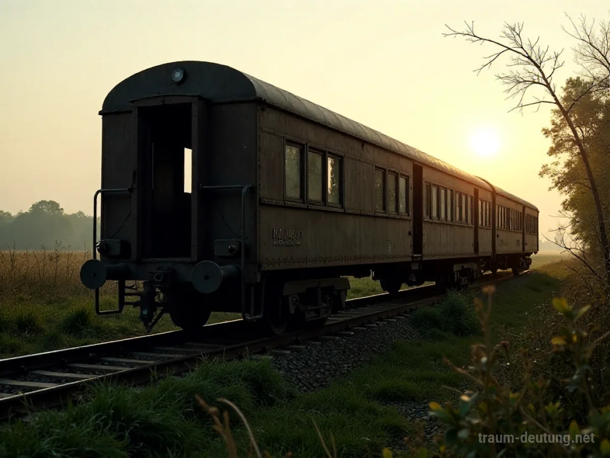 Traumsymbol Waggon: Ein verwitterter Eisenbahnwaggon steht auf einem zugewachsenen Gleis im diffusen Licht des späten Nachmittags.