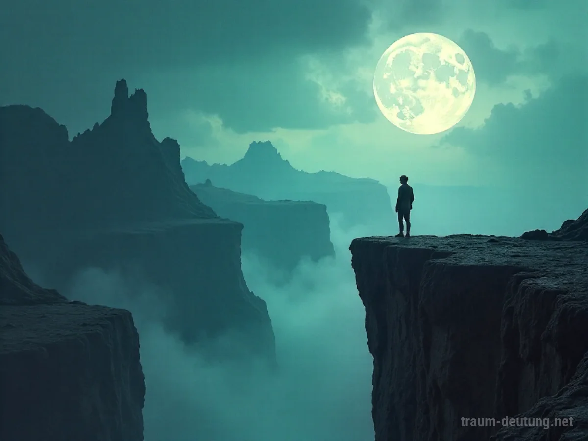 Traumdeutung Wahn: Eine einsame Figur steht am Rand einer zerbröckelnden Klippe, die auf eine verzerrte, wirbelnde Landschaft blickt, während gebrochenes Mondlicht lange Schatten wirft.
