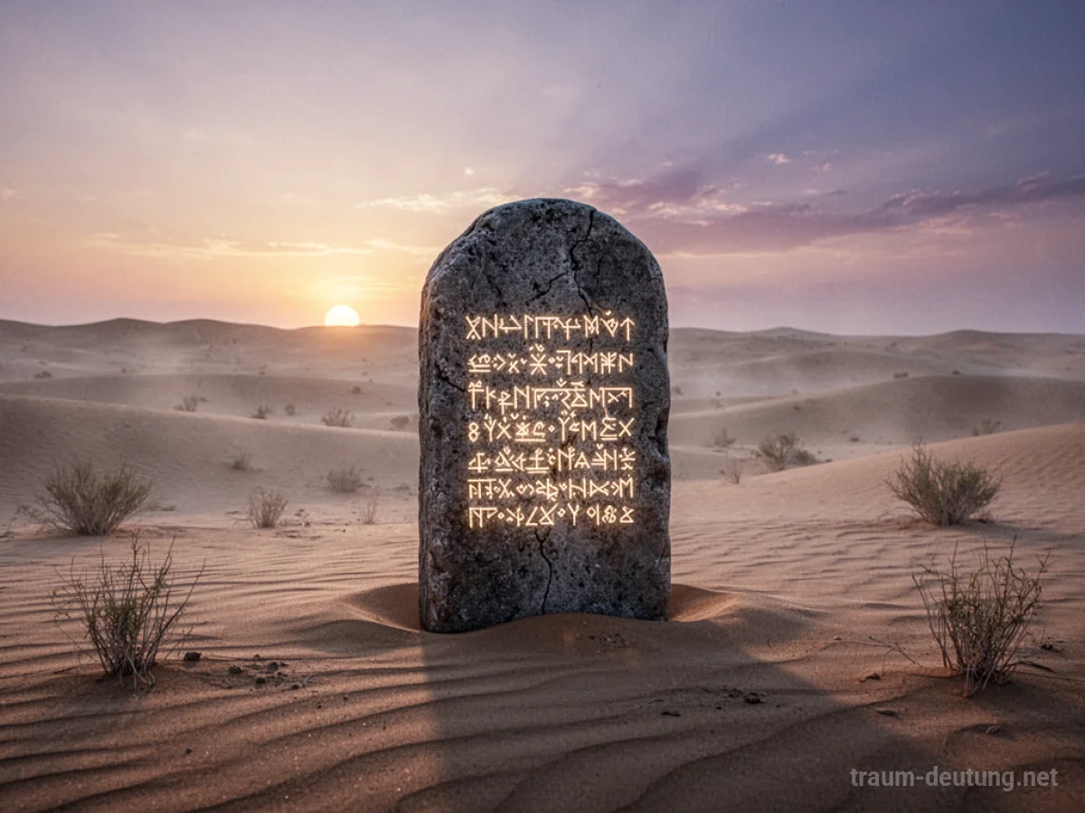 Traumsymbol Wahrheit: Eine alte Steintafel mit leuchtenden Runen steht einsam in einer nebligen Wüstenlandschaft bei Sonnenaufgang.