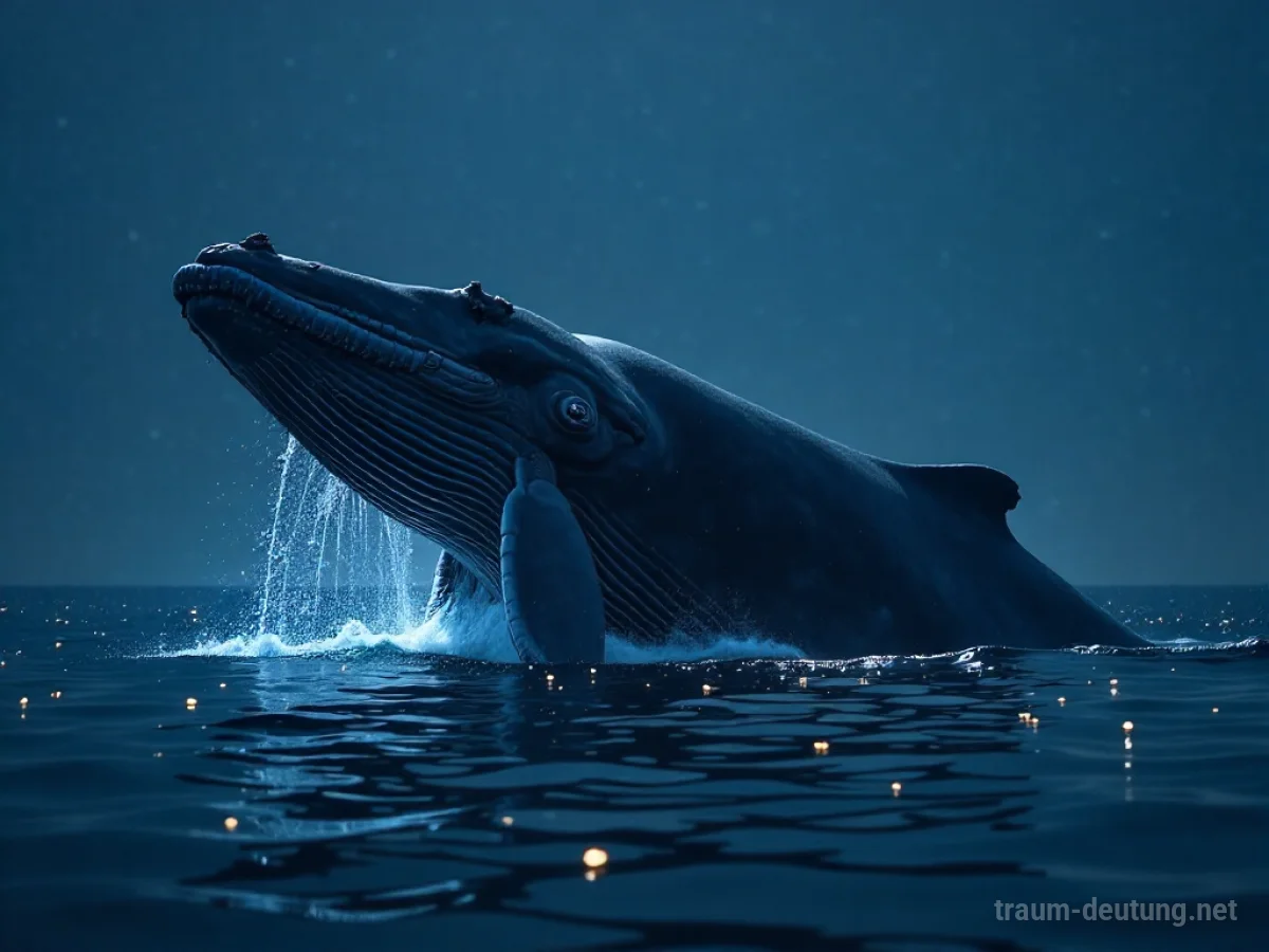 Traumsymbol Wal: Ein riesiger Pottwal bricht nachts aus einem leuchtenden Ozean hervor, beleuchtet von Mondlicht und biolumineszentem Plankton.