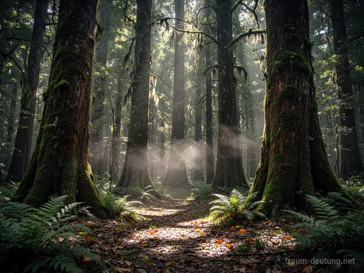 Traumsymbol Wald: Ein dichter, alter Wald mit moosbewachsenen Bäumen, durch die Sonnenlicht fällt und mystische Muster auf dem Waldboden erzeugt, mit leichtem Nebel.