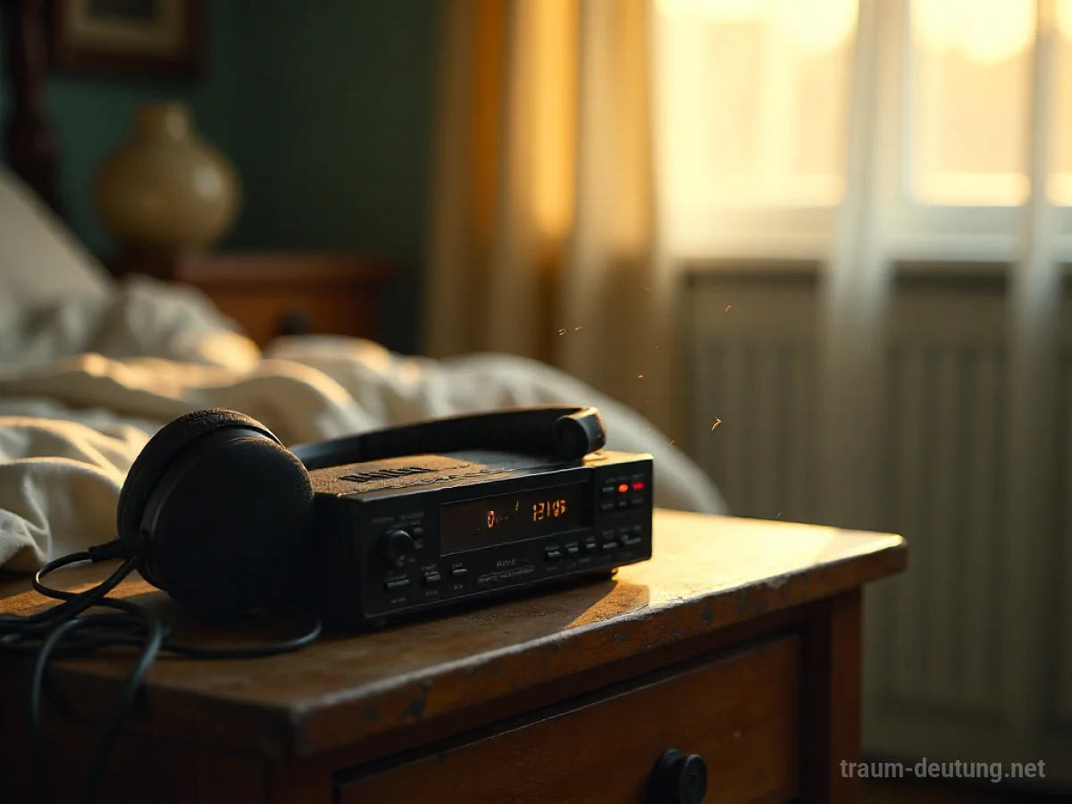Traumsymbol Walkman: Ein vintage Sony Walkman mit Kopfhörern liegt auf einem Holztisch im sanften Morgenlicht, umgeben von einer nostalgischen Schlafzimmeratmosphäre.