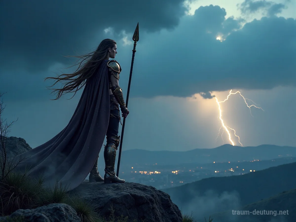 Traumsymbol Walküre: Eine majestätische Walküre in Rüstung steht auf einer Klippe und blickt auf ein stürmisches Schlachtfeld unter einem dramatischen Himmel.