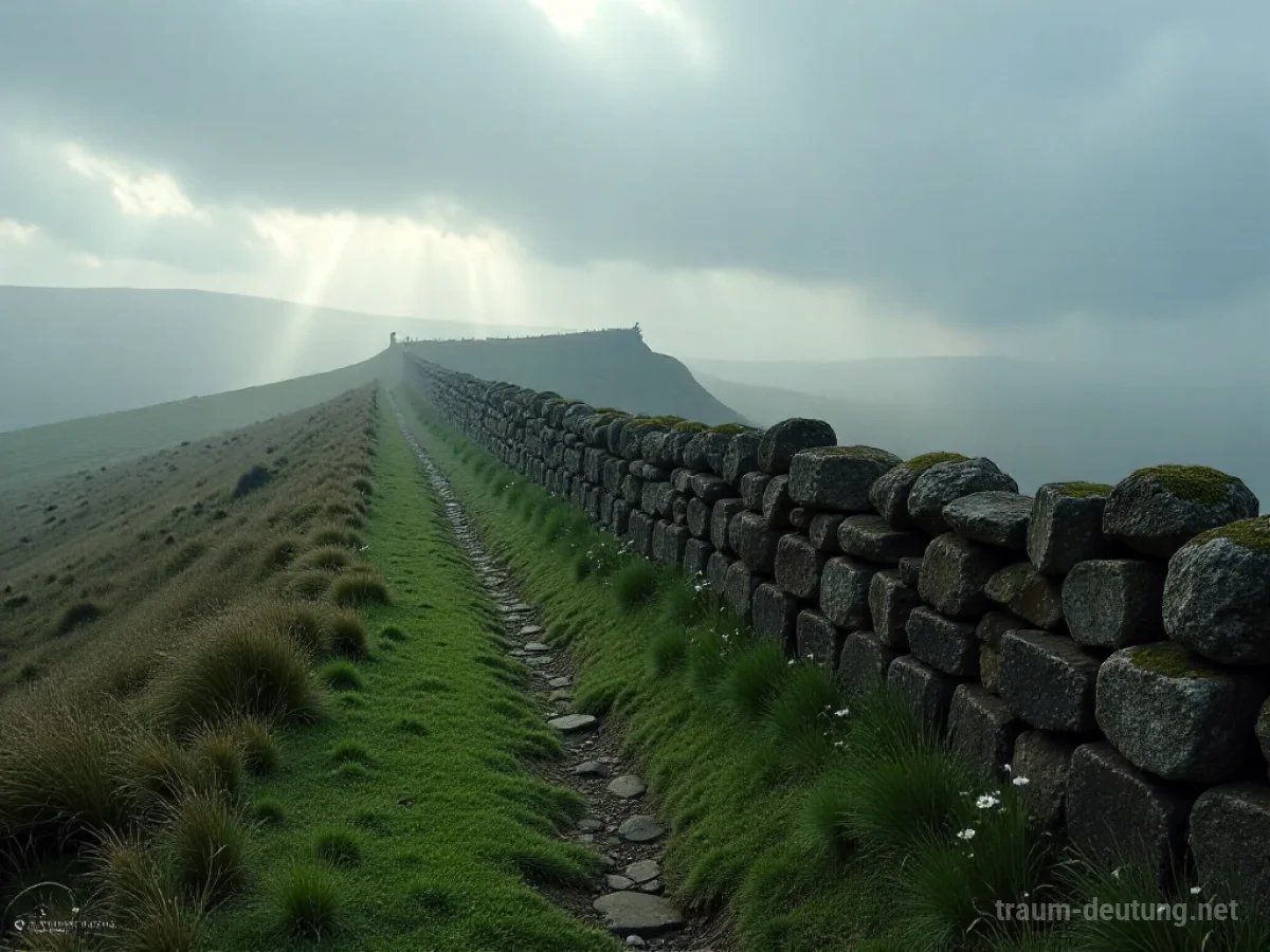Traumdeutung Wall: Eine alte, moosbewachsene Steinmauer erstreckt sich endlos über eine neblige Moorlandschaft unter einem dramatischen Himmel.
