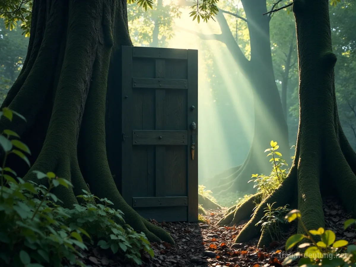 Traumsymbol Wandel: Eine leicht geöffnete, verwitterte Holztür steht im Zentrum eines dichten, alten Waldes, durch den gedämpftes Sonnenlicht fällt und Nebelschleier die geheimnisvolle Umgebung umgeben.