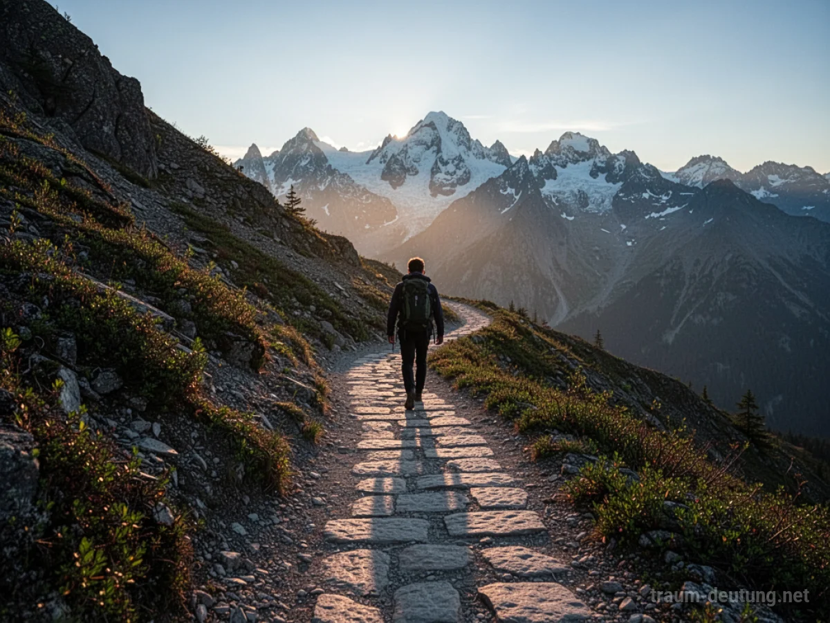 Traumsymbol Wandern: Ein Wanderer erklimmt einen steinigen Bergpfad im warmen Licht der goldenen Stunde, mit schneebedeckten Gipfeln in der Ferne.