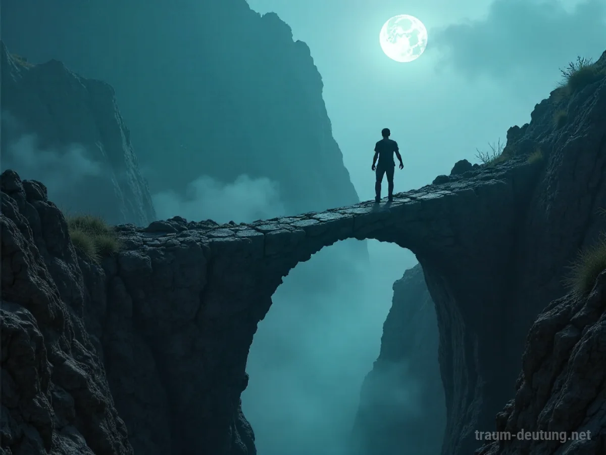 Traumsymbol Wanken: Eine einzelne Gestalt steht unsicher auf einer schmalen, bröckelnden Steinbrücke über einer tiefen Schlucht im diffusen Mondlicht.