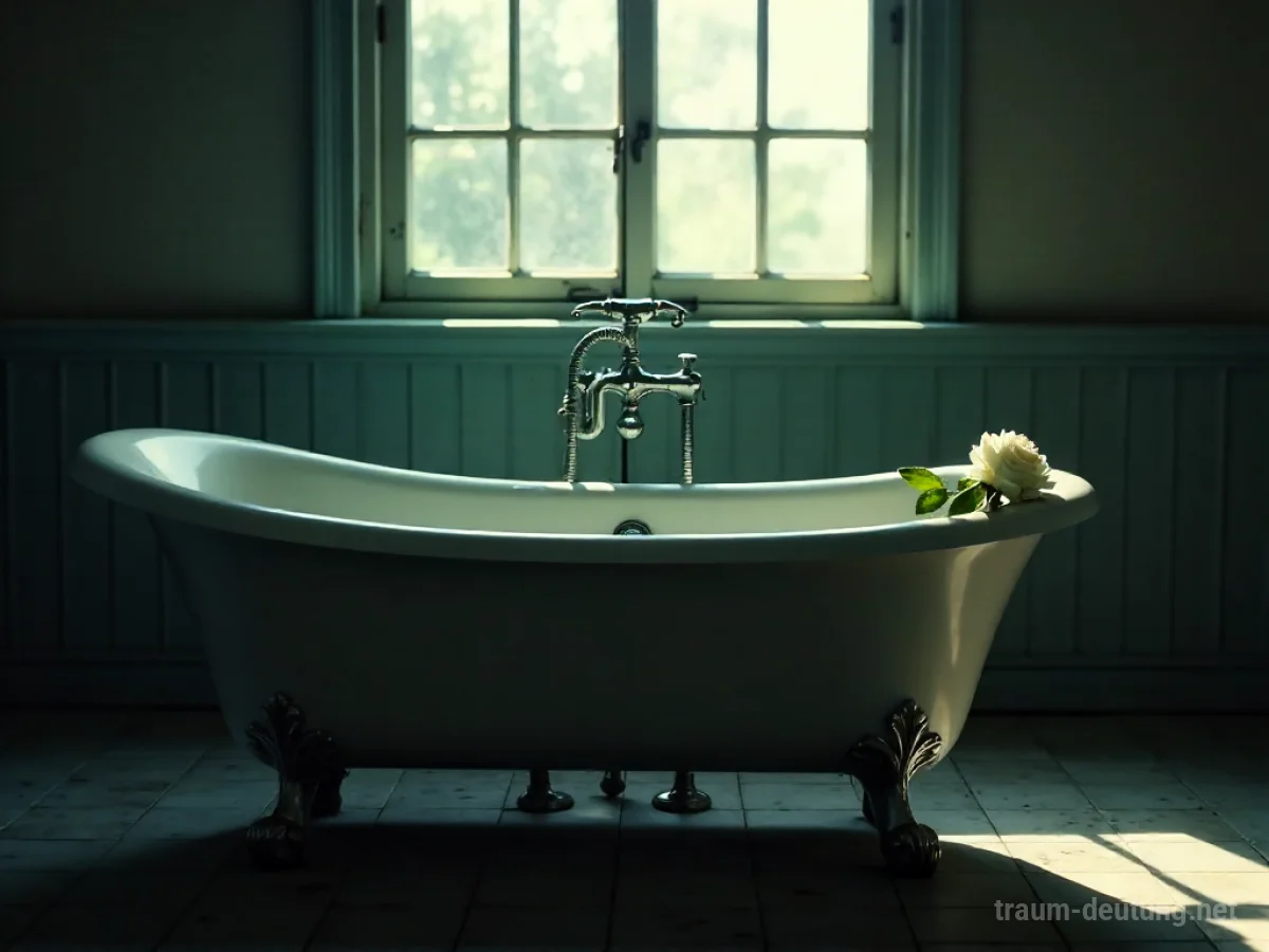 Traumsymbol Wanne: Eine antike Badewanne steht leer in einem schwach beleuchteten Badezimmer, beleuchtet von Mondlicht, mit einer einzelnen Rose am Rand.