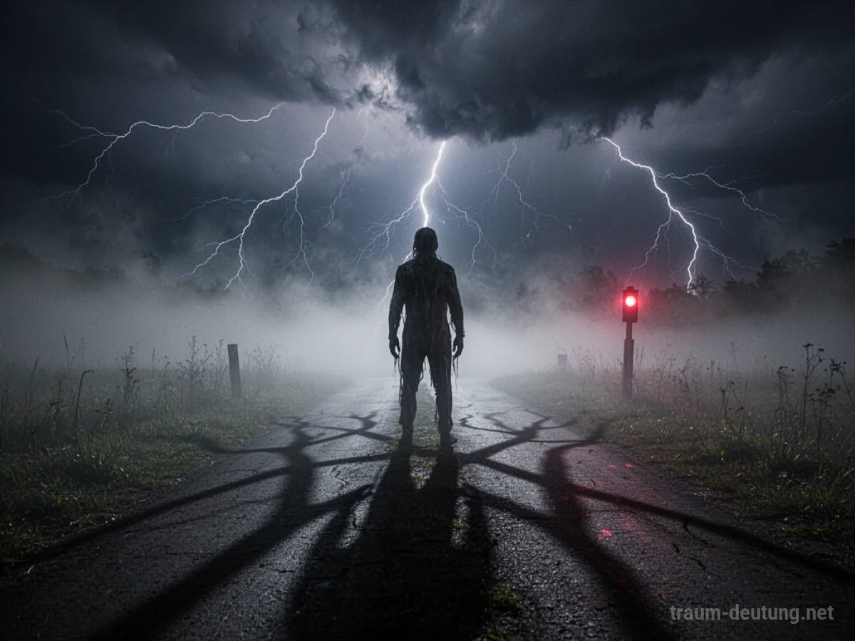 Traumdeutung Warnung: Eine dunkle, schemenhafte Gestalt steht an einer nebligen Weggabelung unter einem stürmischen Himmel, beleuchtet von zuckenden Blitzen.