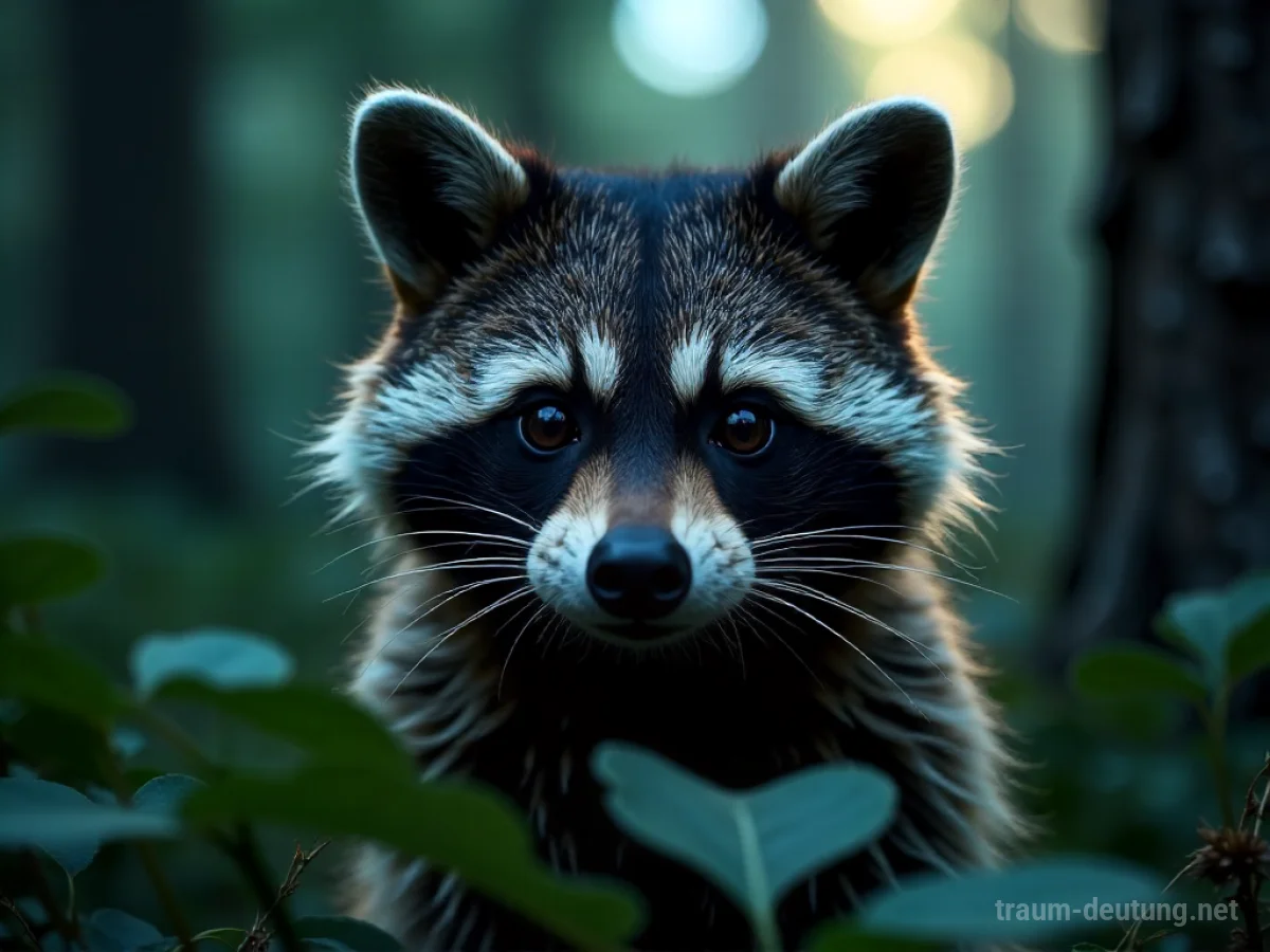 Traumdeutung Waschbär: Ein Waschbär mit maskierten Augen blickt neugierig aus einem dunklen, mondbeschienenen Wald, umgeben von Blättern und Baumrinde.