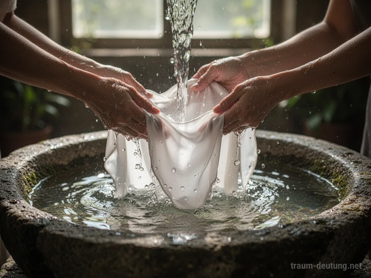 Traumsymbol Waschen: Hände waschen behutsam ein weißes Seidentuch unter klarem, fließendem Wasser in einem rustikalen Steinbecken.