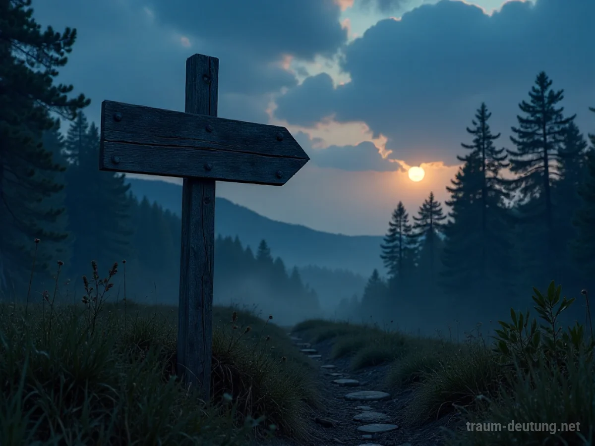 Traumsymbol Wechsel: Ein alter Wegweiser an einer Kreuzung im Zwielicht, der auf unbekannte Pfade zeigt, mit Mondlicht auf taufeuchtem Gras.