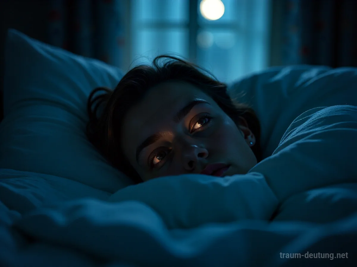 Traumsymbol Wecken: Augen öffnen sich langsam im schwach beleuchteten Schlafzimmer, beleuchtet von sanftem Mondlicht durch das Fenster, Staubpartikel tanzen in den Lichtstrahlen.